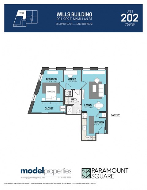 Floor plan for 1 bed, 1 bath, 769 sqft